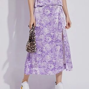 Ganni Satin Midi Skirt in Violet Tulip Floral Print